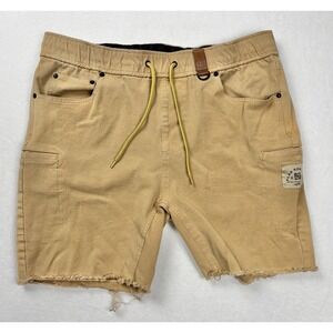 Flag Nor Fail Shorts Mens XL Tan Drawstring Cargo Frayed Hem Cotton Stretch